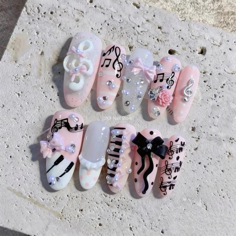 New 10pcs Pink Black Muse Handmade Nails 3D Music Note Y2K Bow Press on Nail Long Oval Fasle Nail for Women&Girl Fake Nail Art