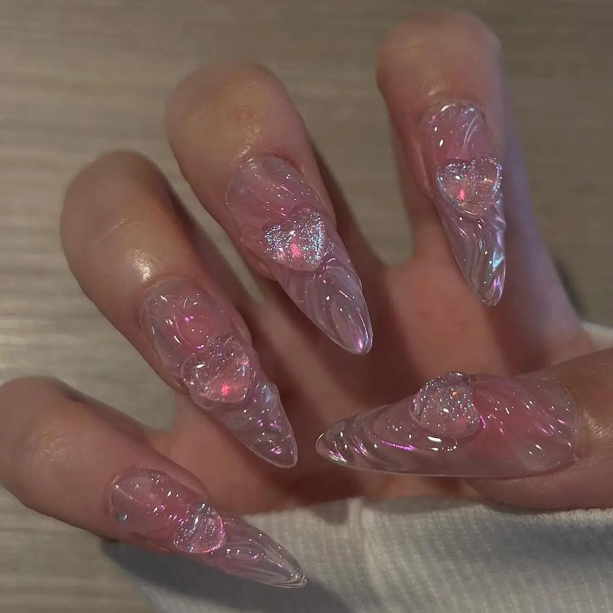 10PCS Medium Almond Shaped Fake Nails With Heart-Shaped Rhinestone Design, Acrylic nail Press Type Full Coverage Fake Nails