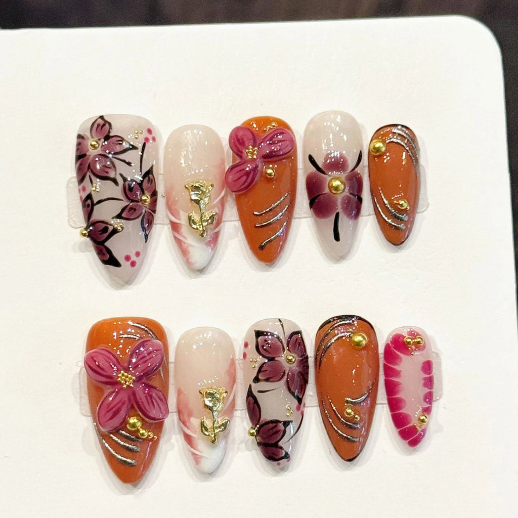 10Pcs Handmade Fake Nails With 3D Carved Petals Decor Almond Press on Nails Manicure Tool For Woman Detachable False Nails