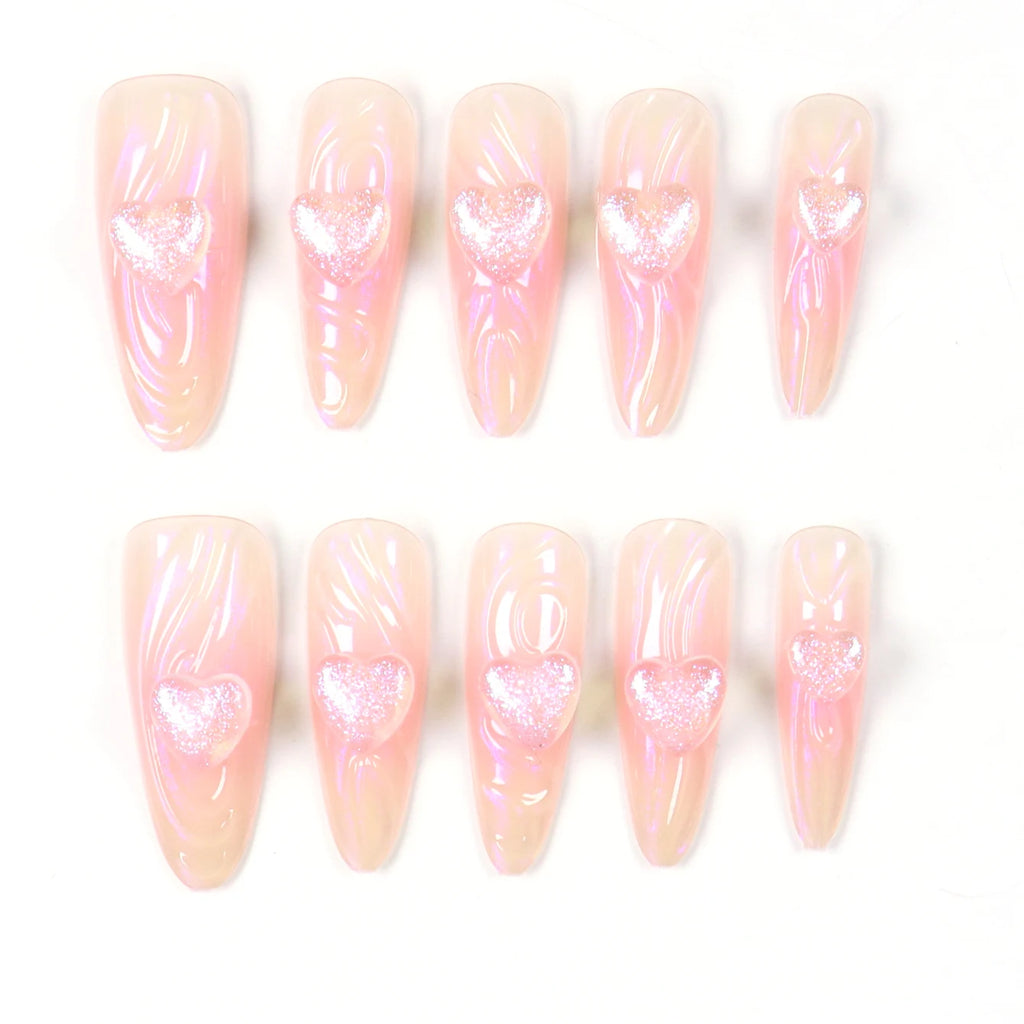 10PCS Medium Almond Shaped Fake Nails With Heart-Shaped Rhinestone Design, Acrylic nail Press Type Full Coverage Fake Nails