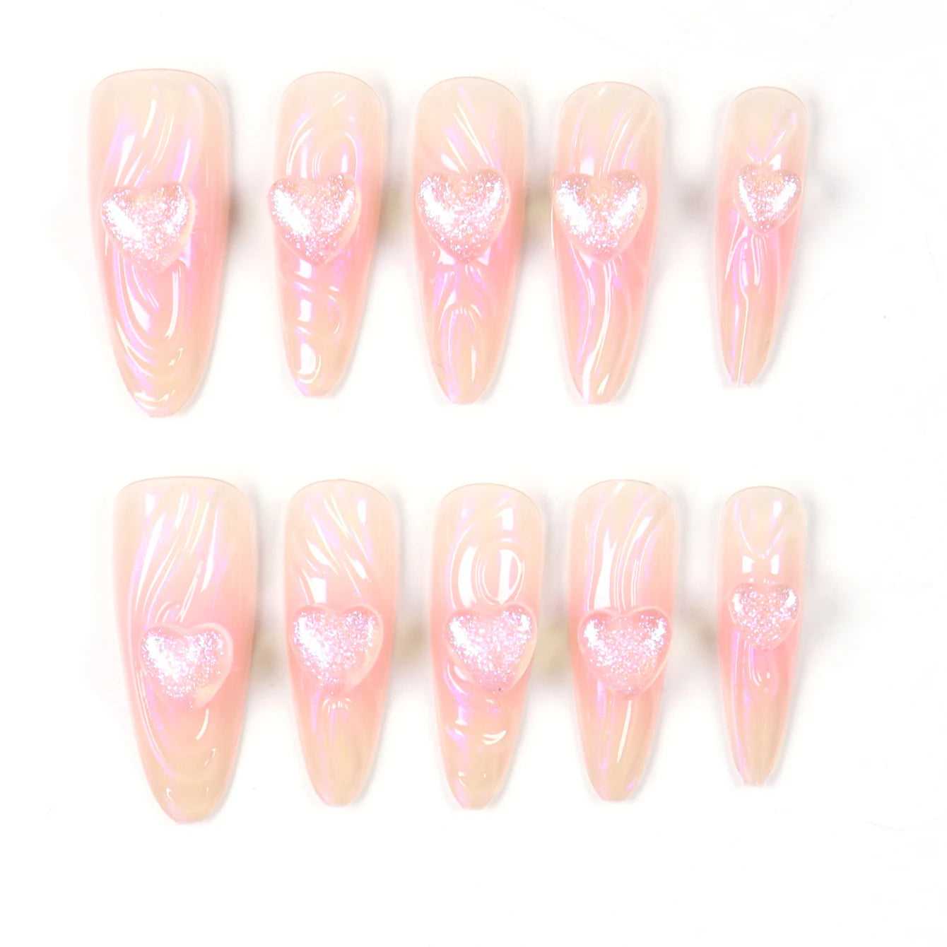 10PCS Medium Almond Shaped Fake Nails With Heart-Shaped Rhinestone Design, Acrylic nail Press Type Full Coverage Fake Nails