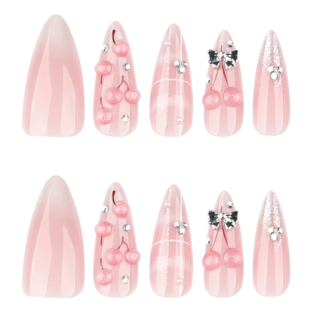 24pcs 3D Cherry Fake Nail Tips Cat Eye Butterfly Design Sweet Girls Press on Nails Long Almond False Nails Manicure Tips