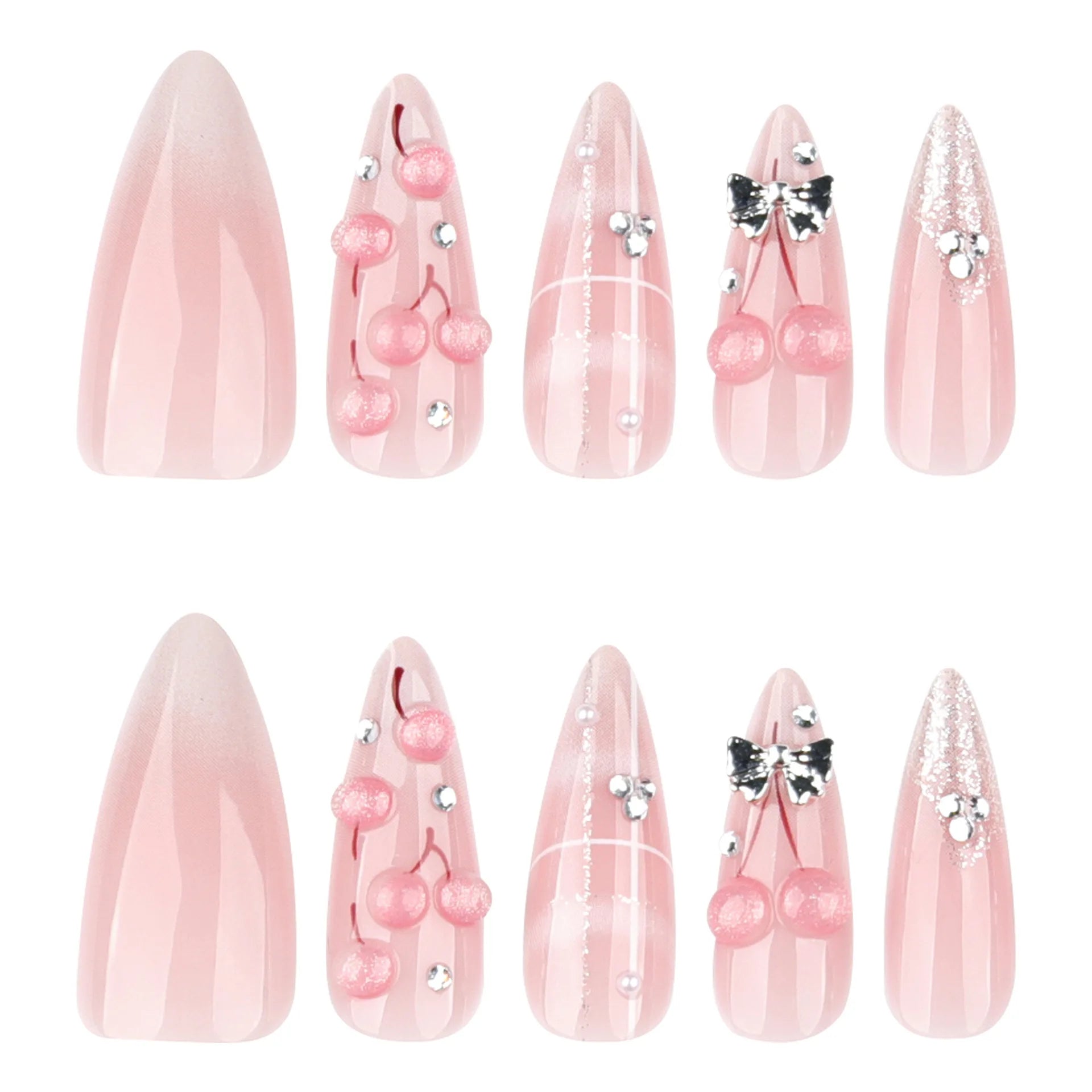24pcs 3D Cherry Fake Nail Tips Cat Eye Butterfly Design Sweet Girls Press on Nails Long Almond False Nails Manicure Tips