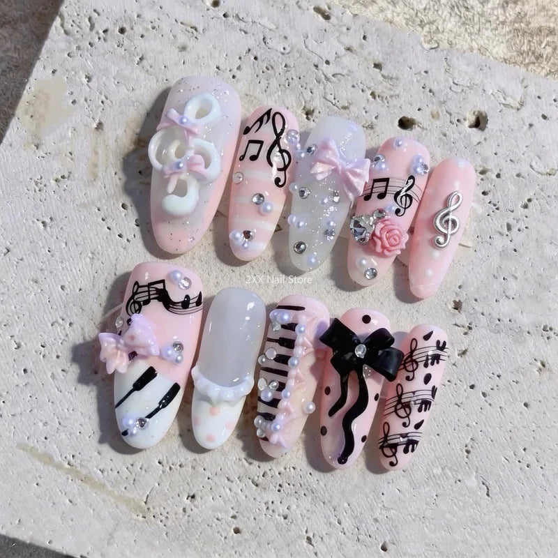 New 10pcs Pink Black Muse Handmade Nails 3D Music Note Y2K Bow Press on Nail Long Oval Fasle Nail for Women&Girl Fake Nail Art
