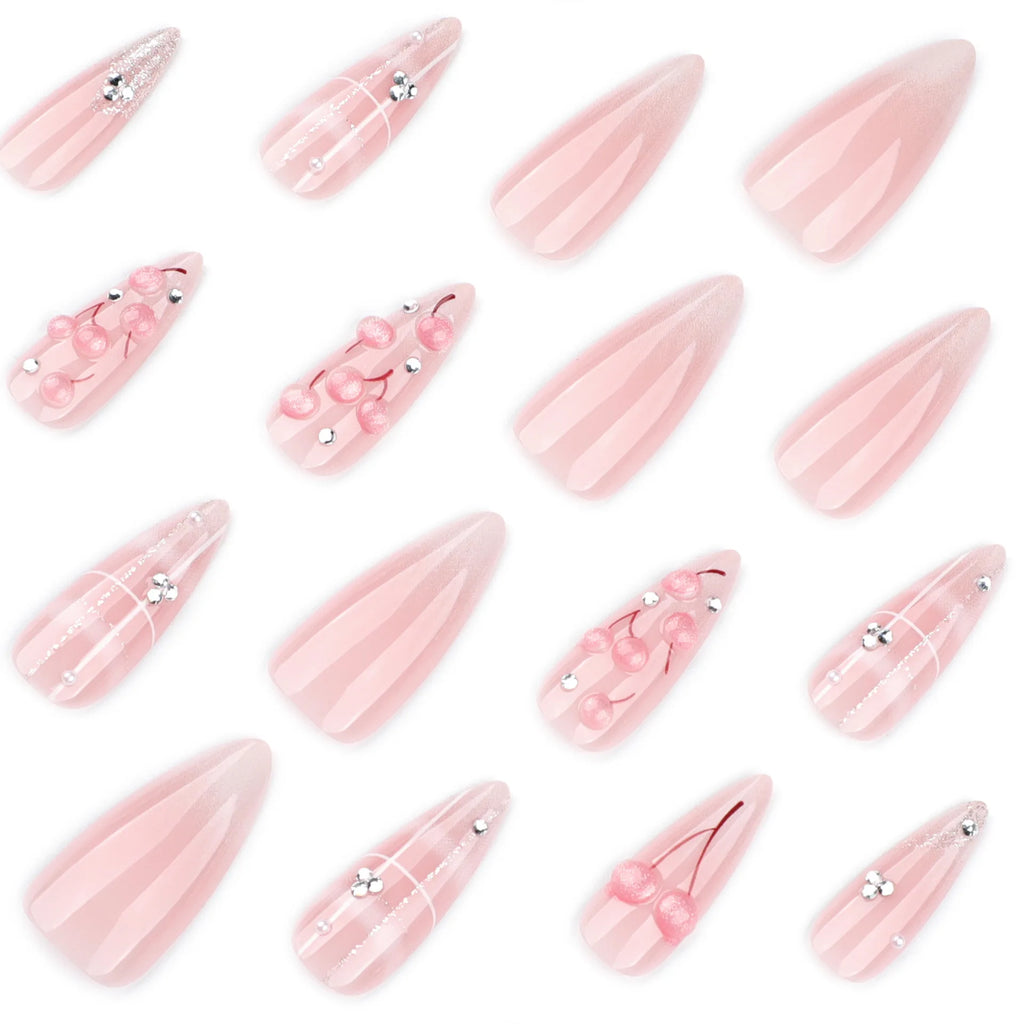 24pcs 3D Cherry Fake Nail Tips Cat Eye Butterfly Design Sweet Girls Press on Nails Long Almond False Nails Manicure Tips