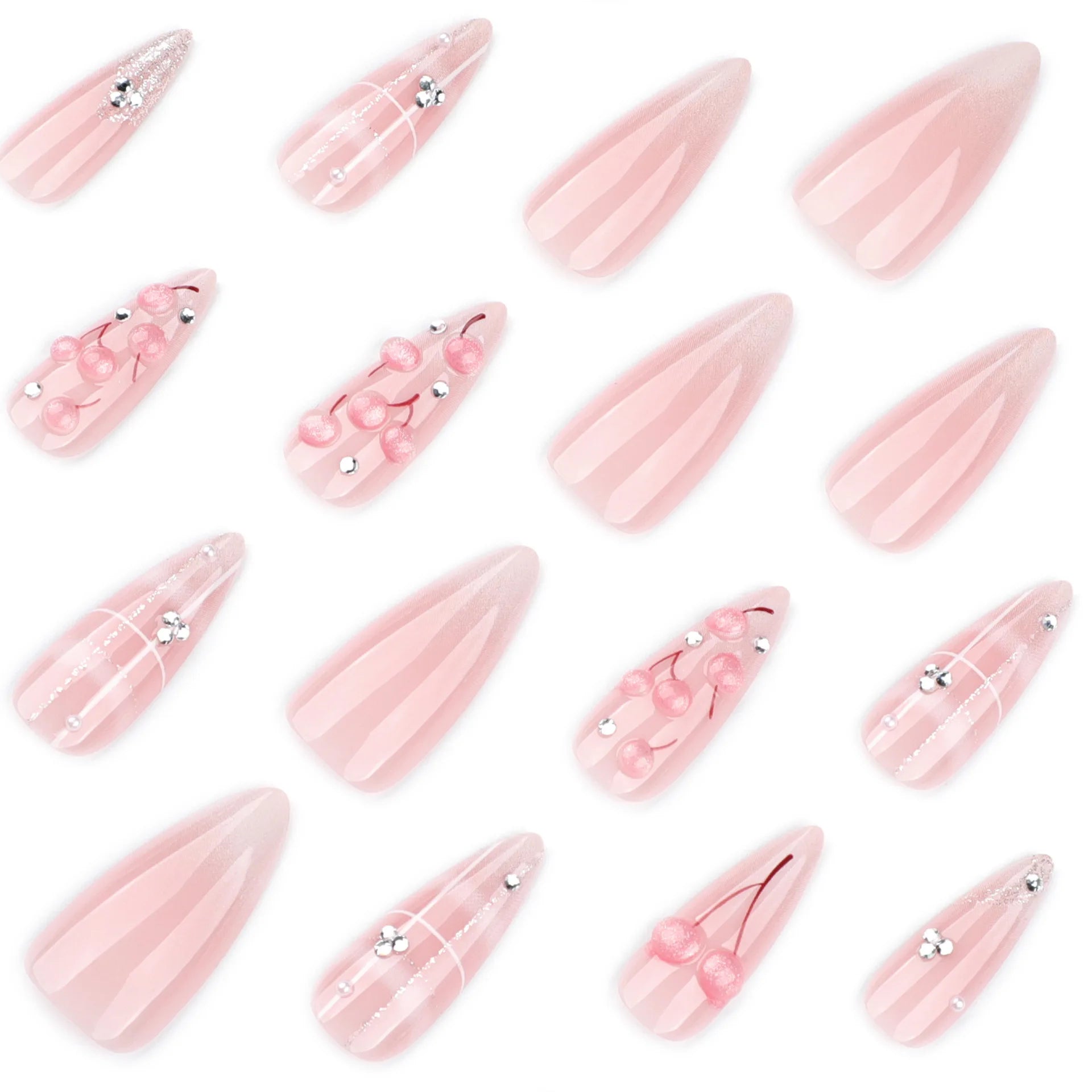 24pcs 3D Cherry Fake Nail Tips Cat Eye Butterfly Design Sweet Girls Press on Nails Long Almond False Nails Manicure Tips