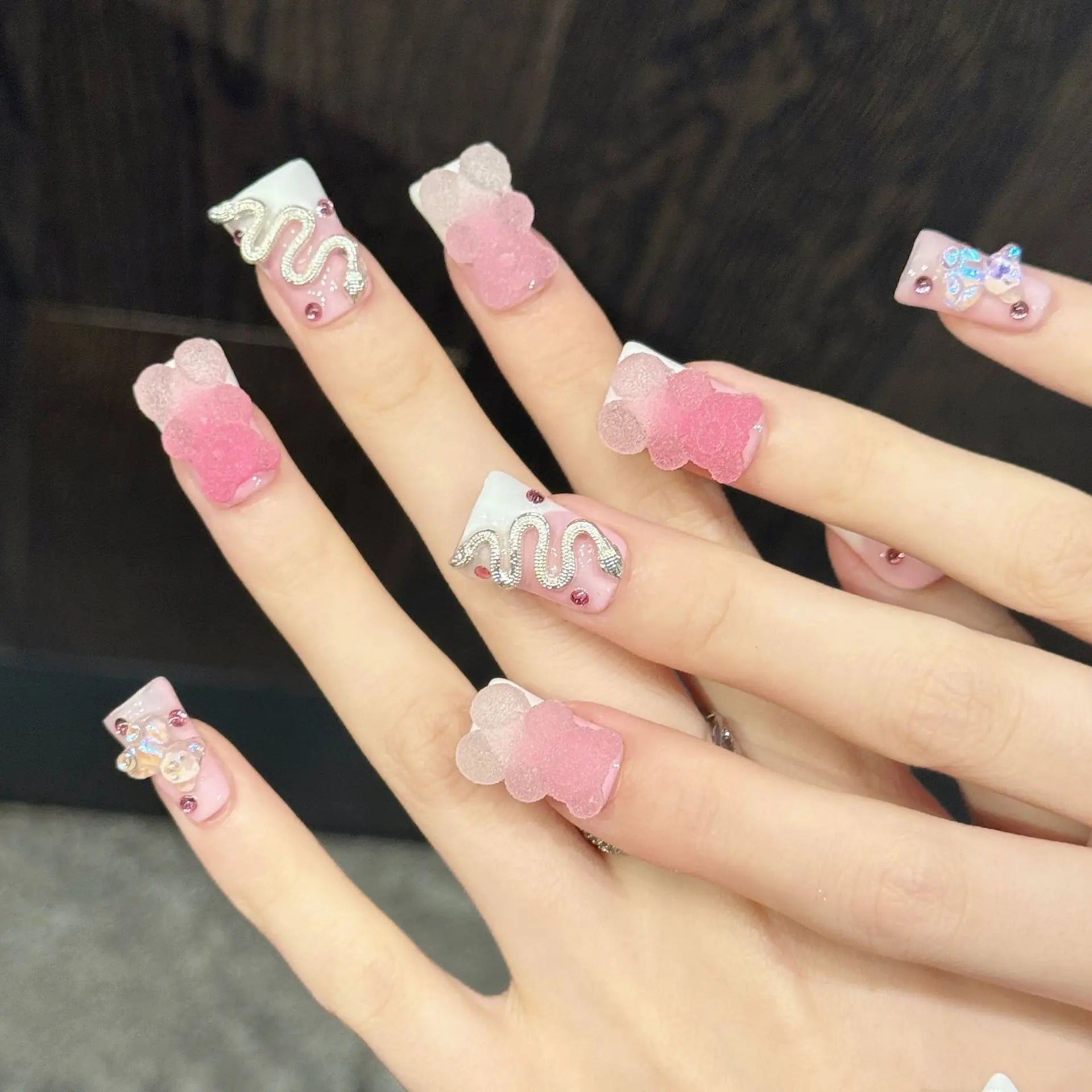 10PCS Handmade Y2K Duck Fake Nails Cute Pink Bear Butterfly Crown Decor Press on Nails Art For Sweet Cool Girls Festivals Wear