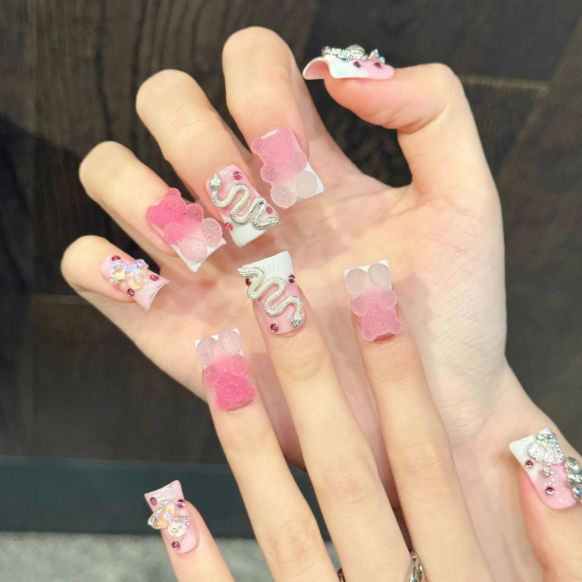 10PCS Handmade Y2K Duck Fake Nails Cute Pink Bear Butterfly Crown Decor Press on Nails Art For Sweet Cool Girls Festivals Wear