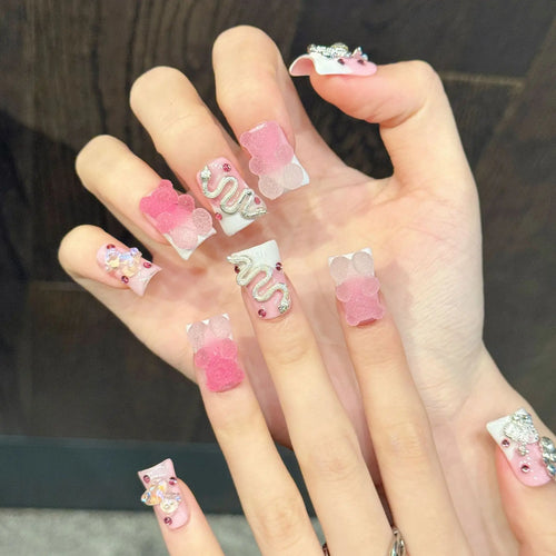 10PCS Handmade Y2K Duck Fake Nails Cute Pink Bear Butterfly Crown Decor Press on Nails Art For Sweet Cool Girls Festivals Wear